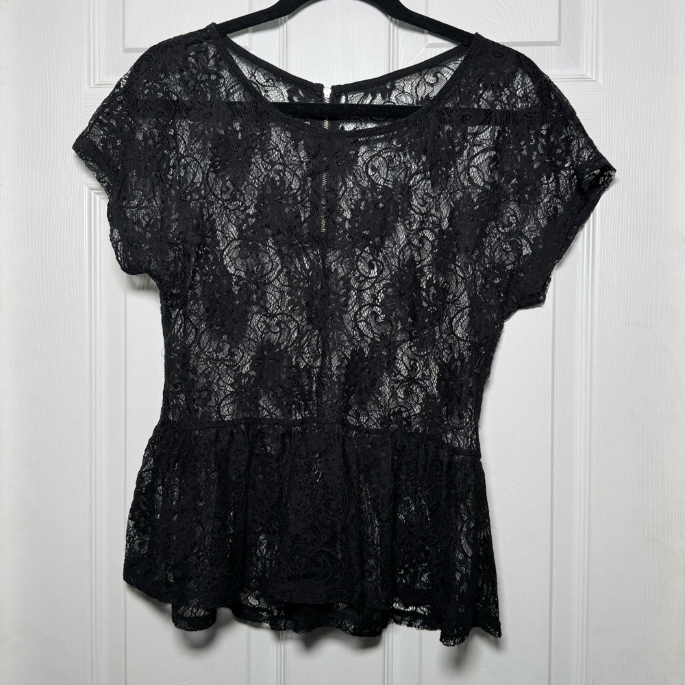 Black Sheer Floral Lace Peplum Top Gothic Whimsigoth Medium